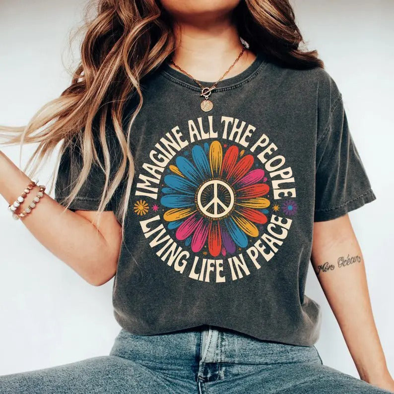 Imagine All the People Living Life in Peace Floral Daisy Peace Sign T-Shirt / Sweatshirt / Hoodie