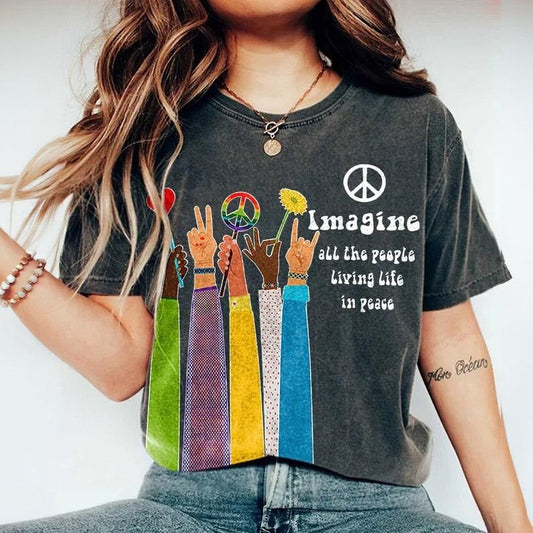 Imagine All The People Living Life In Peace Hippie Symbol Graphic T-Shirt / Sweatshirt / Hoodie